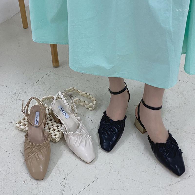 

New Fairy pleated solid square toe slingback women sandals med thick heels shoes women buckle band ruffles femmes sandalias 20201, Black