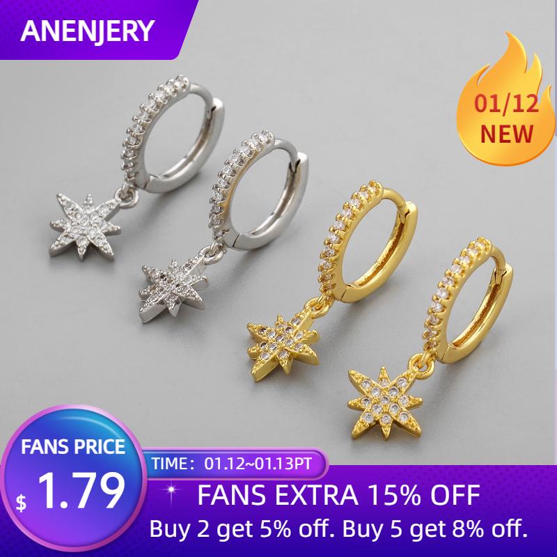 

ANENJERY 925 Sterling Silver Shiny CZ Star Hoop Earrings for Women Hot Danity Gold Silver Color Party Jewelry Brincos S-E1422
