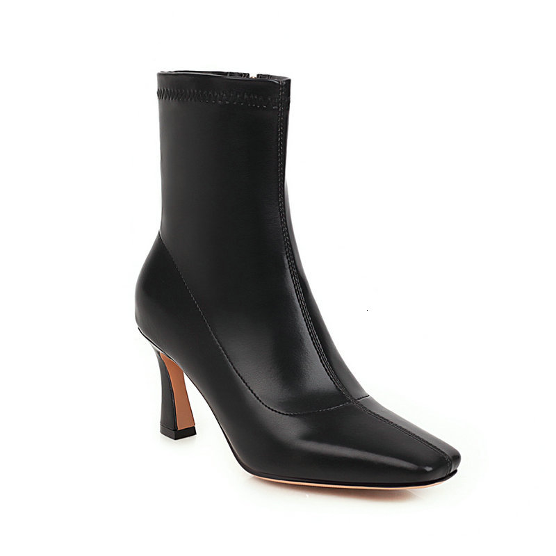 

New 2021 Pu Leather Autumn Winter Ankle Boots Toe Square High Heel Casual Party Women Shoes Size 34-43 Fxrf, Beige