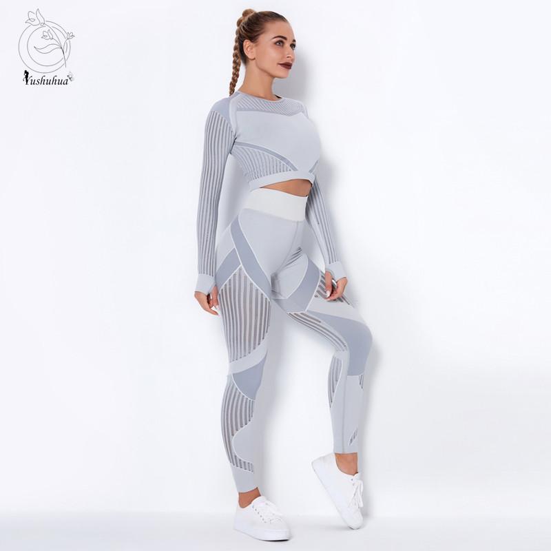 

Yushuhua Women Seamless Yoga Set Gym Clothing Fitness Leggings Crop Top Shirts Sport Suit Women Long Sleeve Tracksuit Active Wea, Wine red set