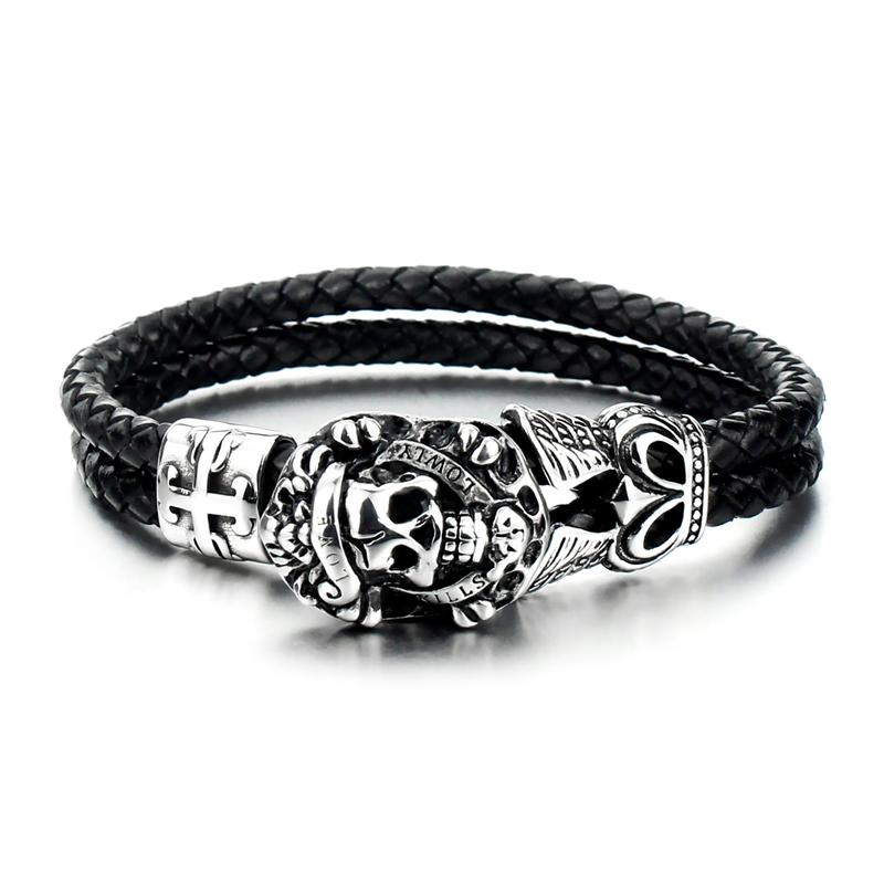 

Punk Style Stainless Steel Skeleton Skull Bracelets for Male Women Trendy Wristband Jewelry Gift Double Layers Leather Bracelet