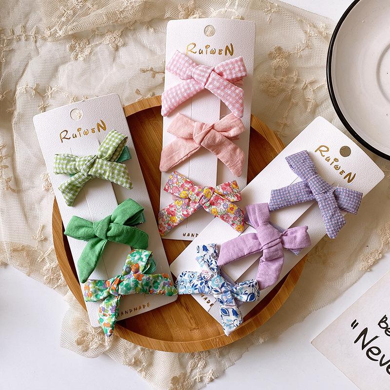

3 Pcs Korea Children Sweet Lovely Floral Plaid Fabric Bow Duckbill Clip Simple Fashion Girl Princess Barrettes Hair Accessories