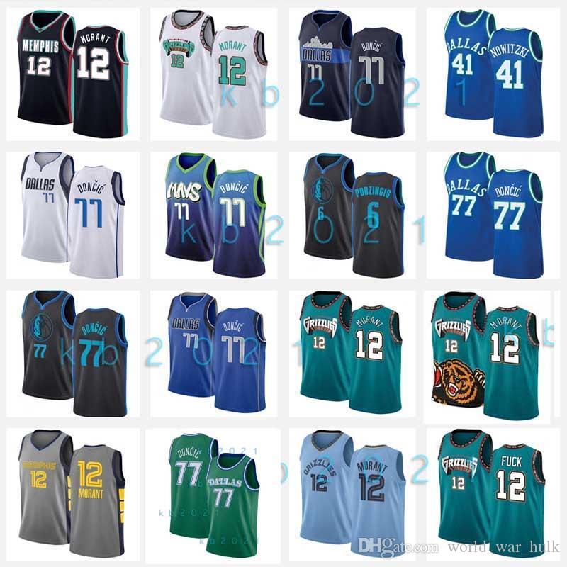 

77 Doncic Jerseys Dallas Mavericks Memphis Grizzlies 2020 Luka Ja 12 Morant Kristaps 6 Porzingis Dirk 41 Nowitzki Basketball, Black;red