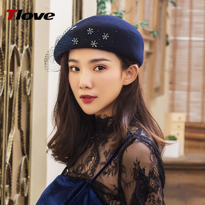 

2020 Fashion Cap sexy net yarn wool hats trend water drilling beret autumn and winter new woolen hat1, Red
