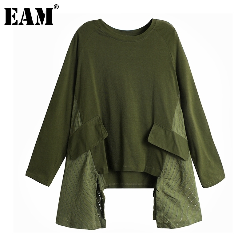 

[EAM] Women Army Green Irregular Split Big Size T-shirt New Round Neck Long Sleeve Fashion Tide Spring Autumn 1Z450 201125