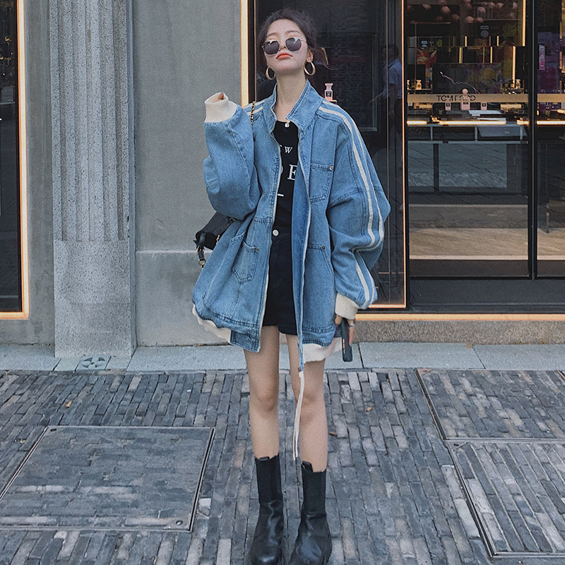 

2021 New Feminino Azul Denim Outono Novo Dois Bares Costura Solto Luz Bonito Gola De Moda Curta Jaqueta 3s Aerh, Blue