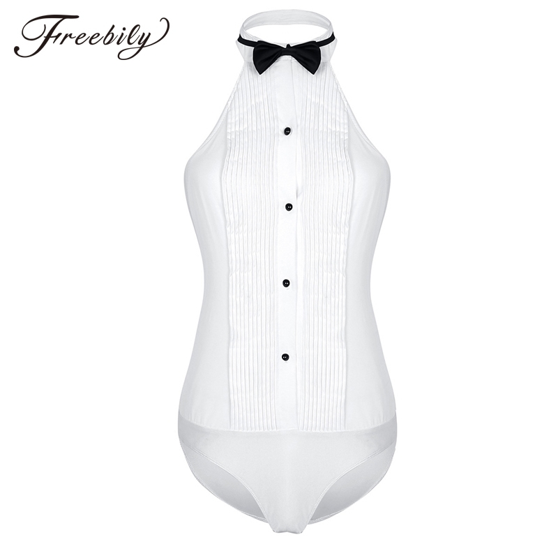 

Womens One-piece Body Shirt Sleeveless Haltered Wing Tip Collar Backless Tuxedo Shirt Bodysuit with Bow Tie Work Wear Bodysuits Y200401, Beige