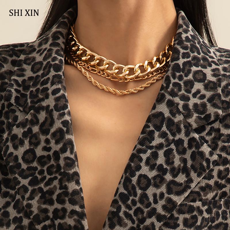 

SHIXIN 3 Pcs/Set Chunky Twisted Chain Necklace on the Neck Hiphop Short Choker Necklace Colar for Women Layered Jewelry