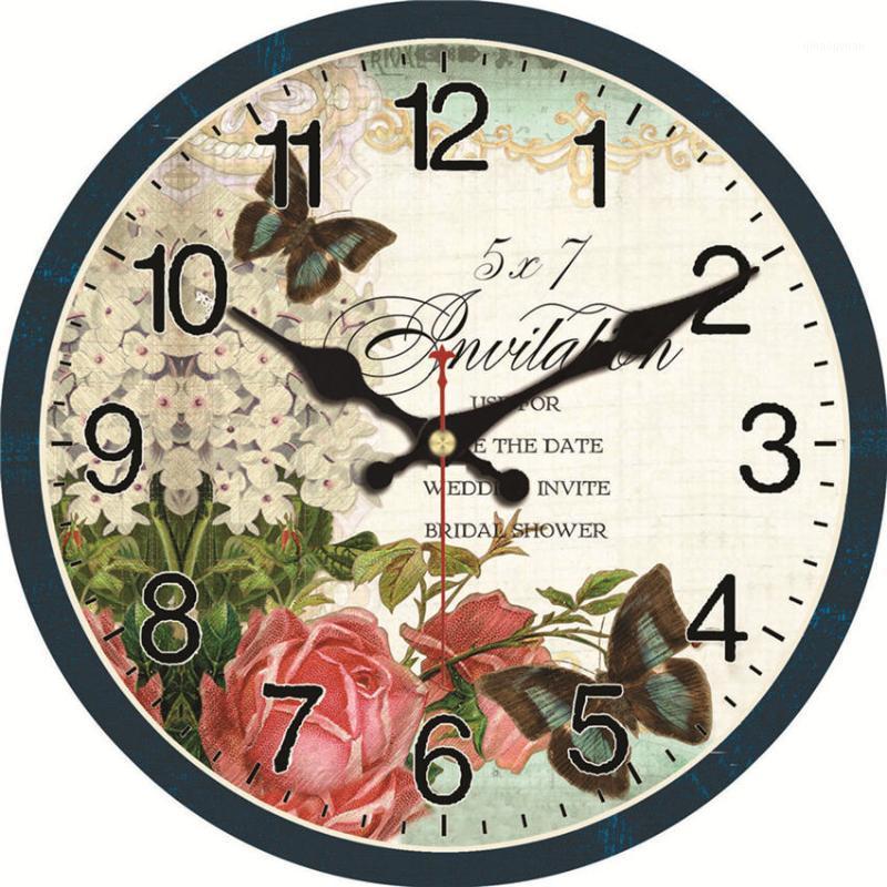 

WONZOM Flowers Pattern Wooden Cardboard Wall Clock, Butterfly European Retro Clock for Chic Home Office Cafe Decor1