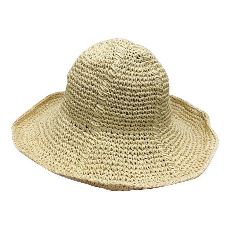 

Seaside Travel Hand Knitted Lafite Straw Brim Simple Style Easy To Carry Solid Women Sun Hat Anti UV Washable Foldable, Light coffee