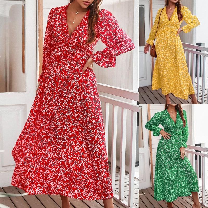 

Casual Dresses Vintage Floral Print Long Dress Spring 2022 Winter Women Green Sleeve Red V-neck A-line Vestido Feminino 18051, Black;gray