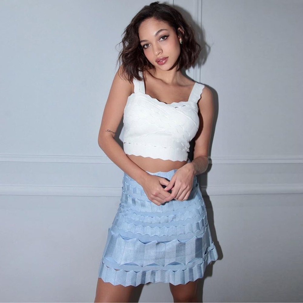 

2020 Hollow Attacked Mode Out Jacquard Blue Sky High Band Elastic Short Skirts Women New Arrival Tfce, Sky blue