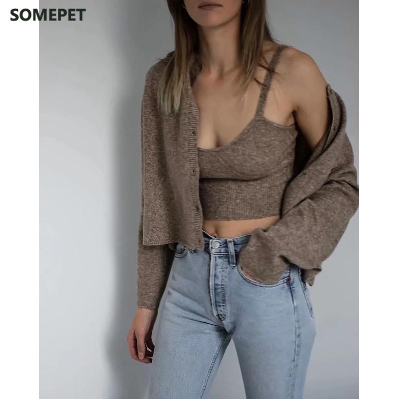 

Autumn Winter New women' solid khaki cardigan knitted sweater Casual two pieces set fashion streetwear sexy female tops, Vest