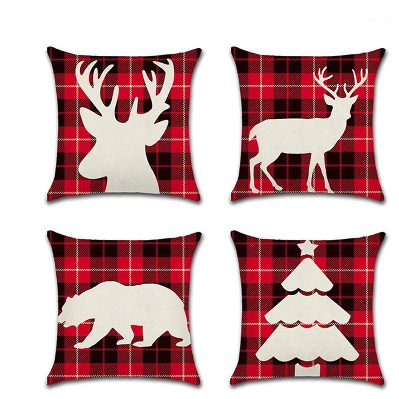 

Red Plaid Pillow Cushion Cover Reindeer Elk kussenhoes 45*45cm Pillowcase Sofa Christmas Decoration For Home Car fundas cojines1, 05
