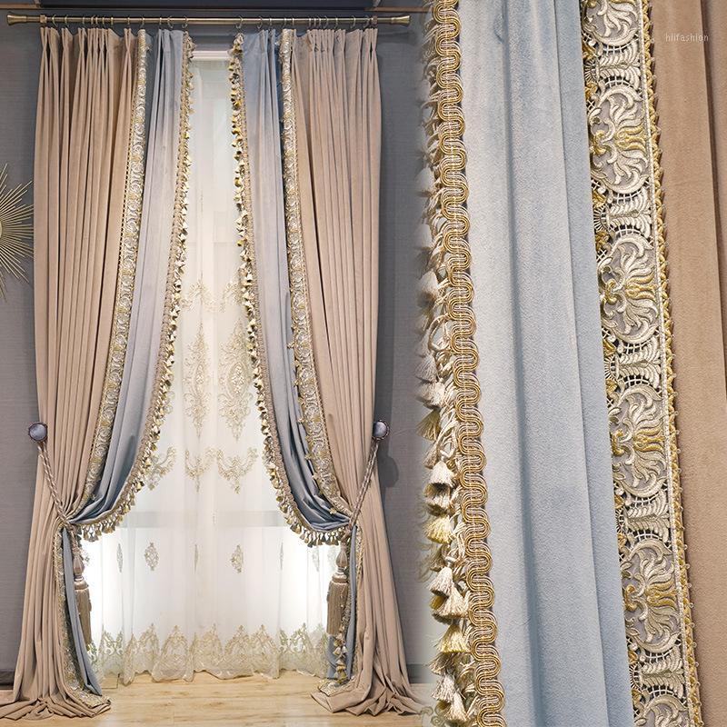 

Custom curtains ash purple modern luxury European thick velvet embroidery yarn cloth blackout curtain tulle panel C0741