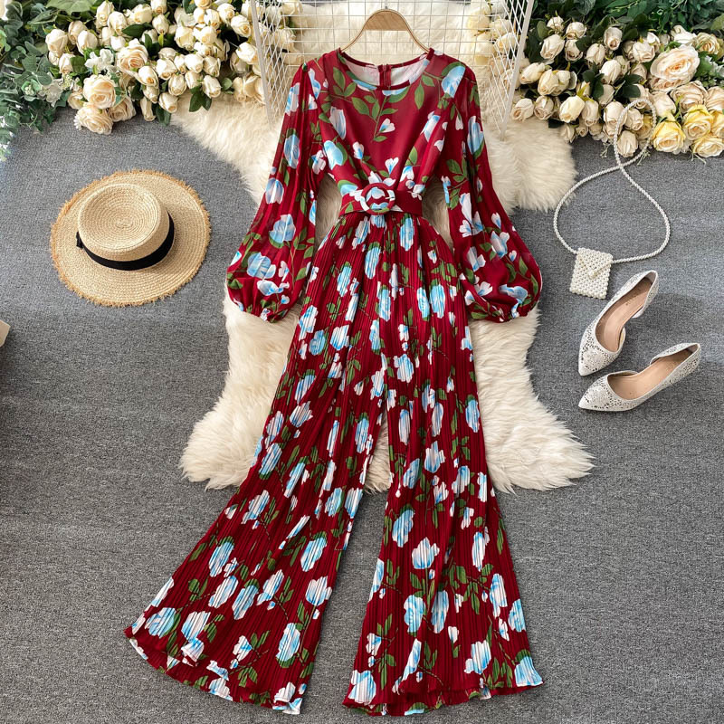 

2021 New chiffon floral printing women's neck lantern the fall jumpsuit long overalls 6BL4, Yellow.