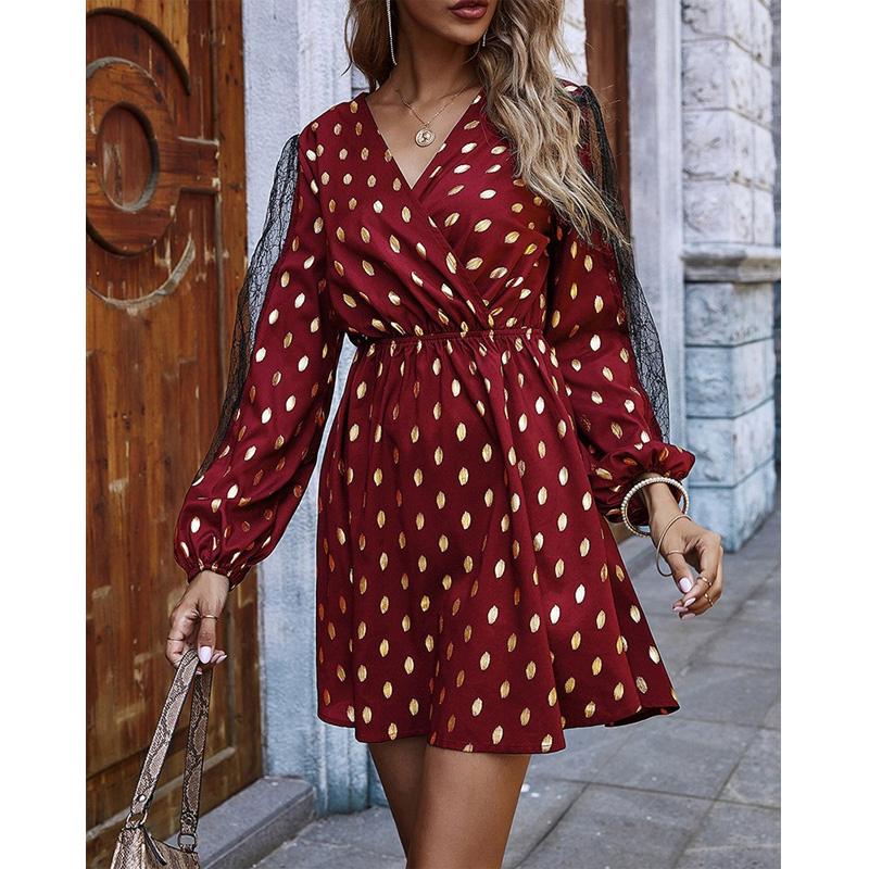 

Spring Fall Women Dress Vintage Dot Print High Waist Long Sleeve V-Neck Short Mini Bodycon Dresses Female Fashion Vestido 2021, Black