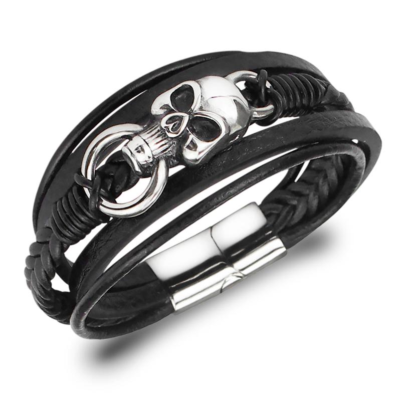 

Charm Bohemian Stainless Steel Skeleton Skull Bracelet For Women Adjustable Multi Layers Leather Bracelets Jewelry FreeShipping