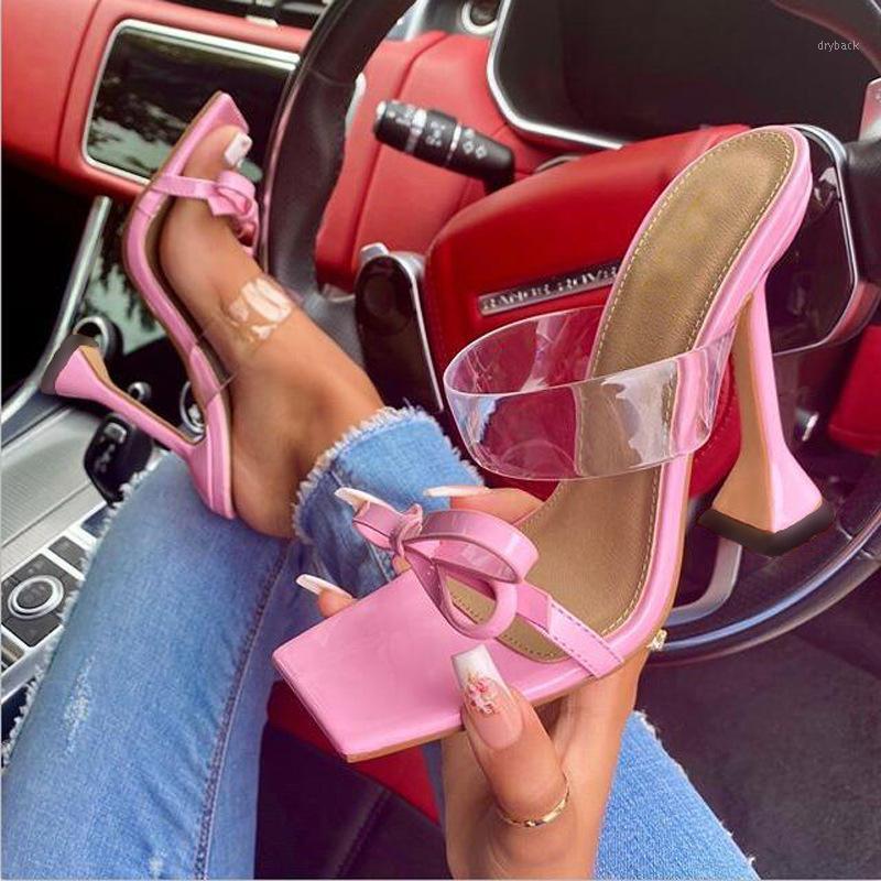 

DDYZHY Fashion Bowknot Designer Slippers Women Outdoor Square Toe Strange Heels Ladies Shoes PVC Transparent Strap Sandals1, Beige