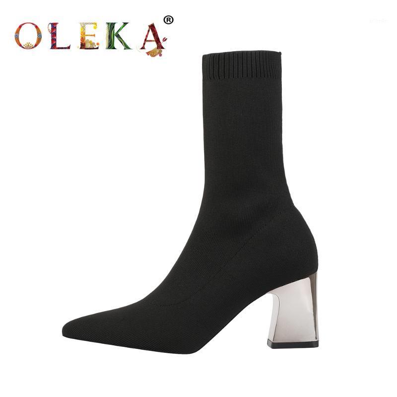 

OLEKA Mid-calf Winter Sexy Boots Square Heel Totem Pointed Toe Ladies Boots Mature Style Basic New AS7221, Black