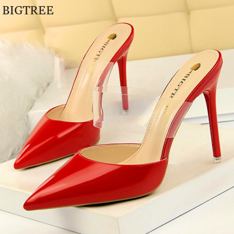 

New Pointed Concise Patent Leather Women Slipper High Heels Shoes Shallow Woman Transparent Word Band Sexy Party Slippers Summer, Black
