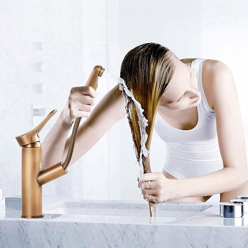 

IMPEU Pull-Out Basin Faucet - Antique Bronze Bathroom Mixer Tap, Handheld Shower Single Handle Lever Faucet1