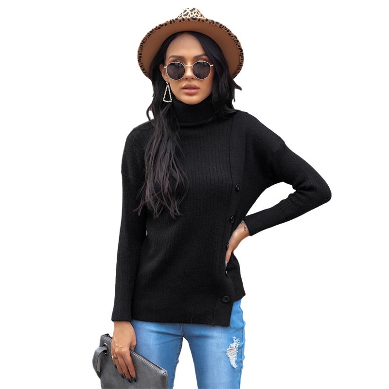 

Women sweater Leisure Long Sleeve Sweater Casual Loose High Collar Blouse Irregular Solid Color Slim Tops button decoration, Black