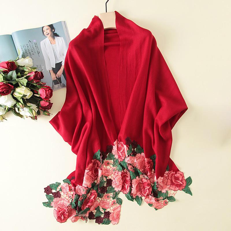 

Women Embroidery 100% Wool Scarf All-Match Shawls and Wraps for Ladies Luxury Wool Poncho Cashmere Neckerchief Stoles