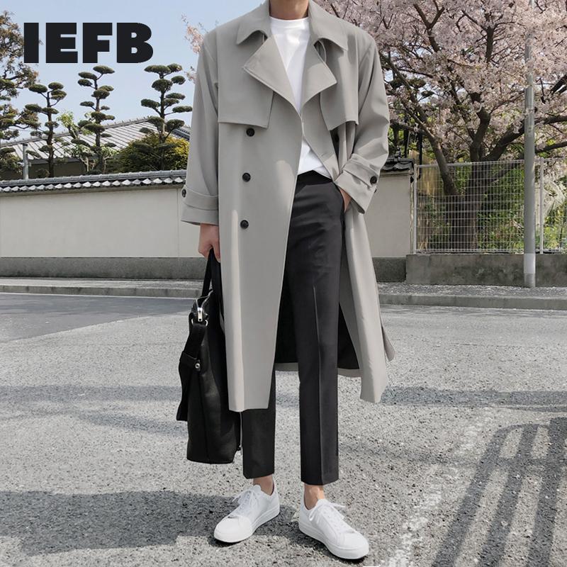 

IEFB autumn winter men's mid length windbreaker male Korean fashion over the knee British style trench coat oversize coat 9Y4525, Gray
