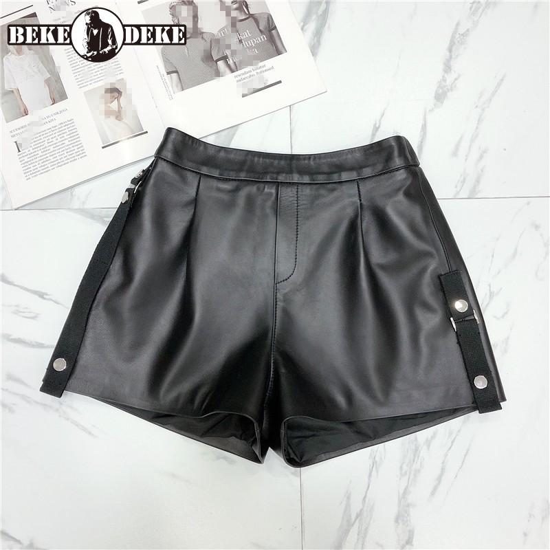 

Women Casual Sheepskin Real Leather Wide Leg Shorts Streetwear Flare Elastic Waist Short Trousers Ladies Genuine Leather Shorts, Black