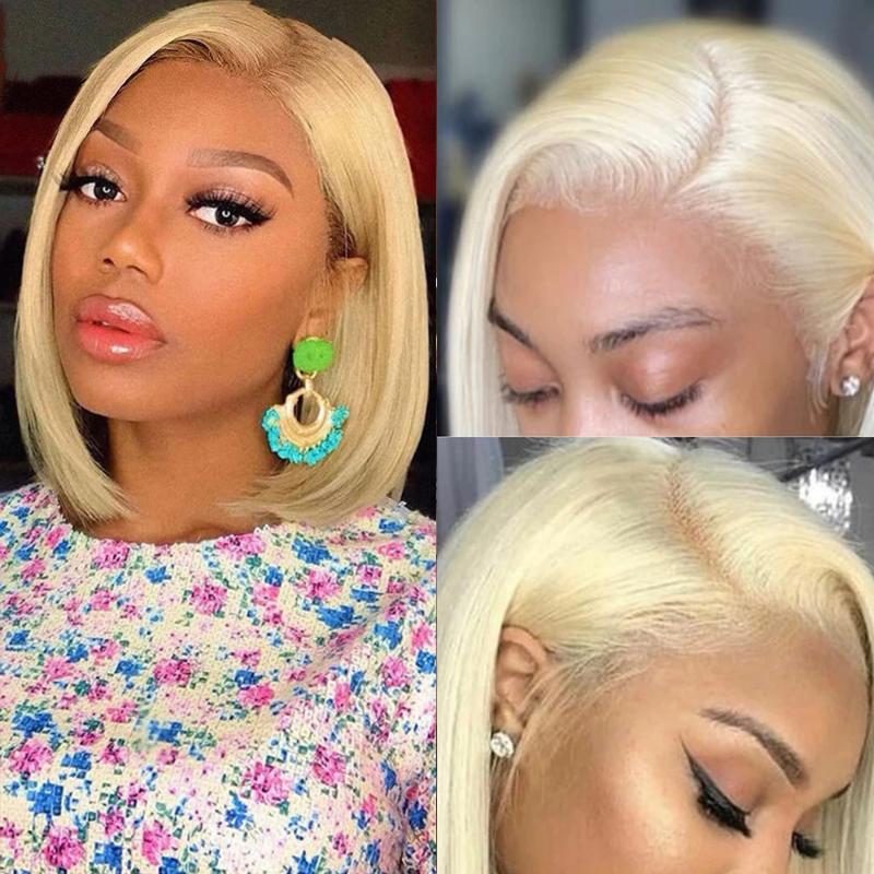 

Brazilian Straight Hair 150% Blonde Lace Front Short Bob Wigs 16 Inches Human Hair Wigs 13x4 Transparent Lace Frontal Bob Wig, As pic