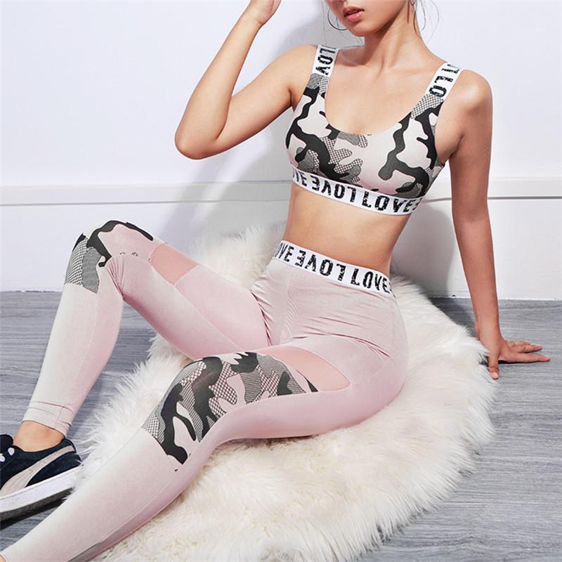 

TaoBo Mesh Stitching Camouflage Printed Yoga Suit Gym Leggings Sports Bra Set Workout Clothes for Women Fitness Sport Suit Femme1, Gray