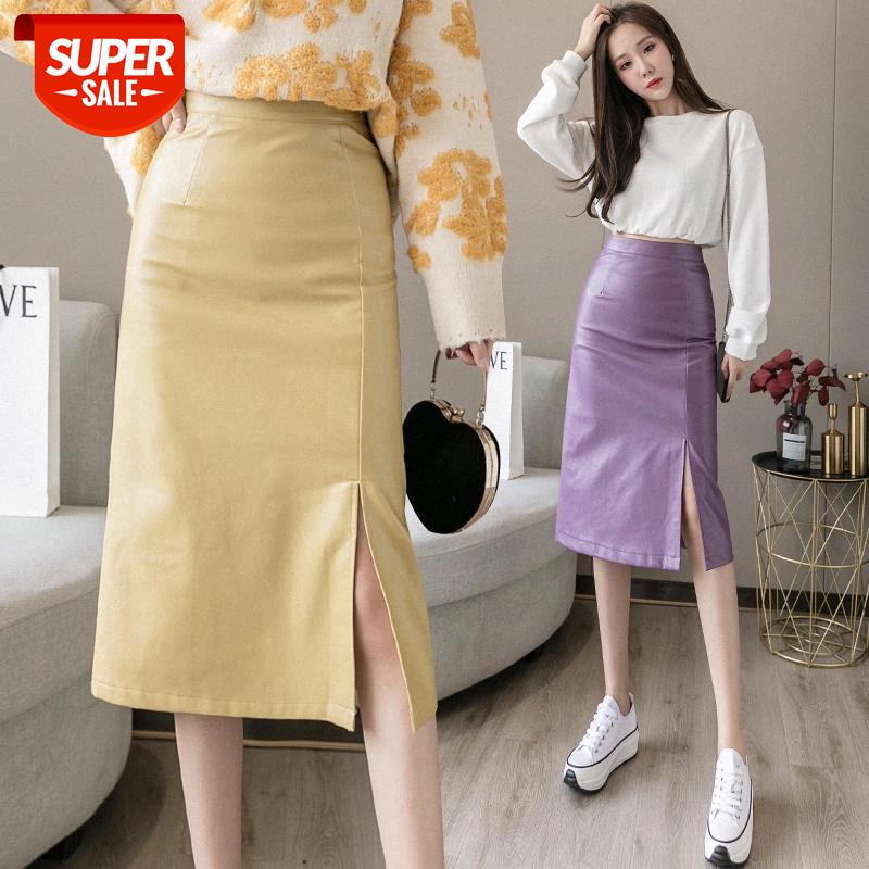 

Autumn Asian version PU leather skirt female simple front slit one step skirt high waist bag hip sweet half-length #972s, White;black