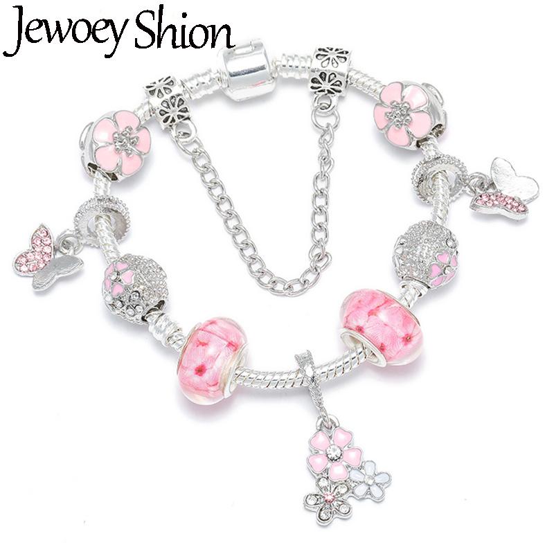 

Jewoey Shion DIY Crystal Pink Flower Beads Charm Bracelets For Women With Snake Chain Fits Brand Charm Bracelet Jewelry Gift