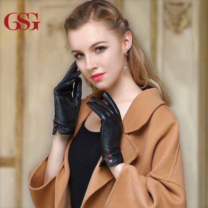 

Five Fingers Gloves GSG Winter Ladies Dressing Genuine Leather Women Soft Lambskin Touch-Screen Black Warm Lined