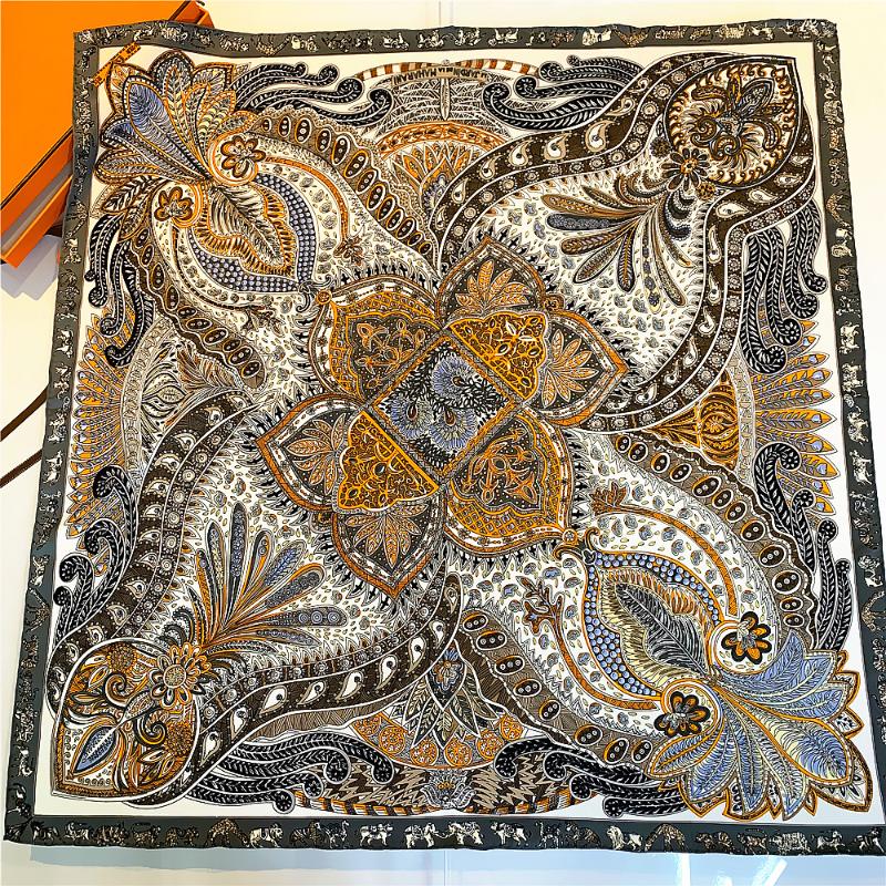 

Scarves 100% Twill Silk Scarf Shawl For Women Elegant Design "Cashew Plant Garden "90cm Square Quality Hand Rolled Edges