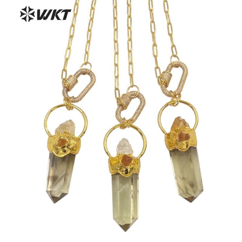

WT-N1273 Unique gold electroplated yellow crystal stone big pendant necklace women Chunky Citrines raw stone necklace