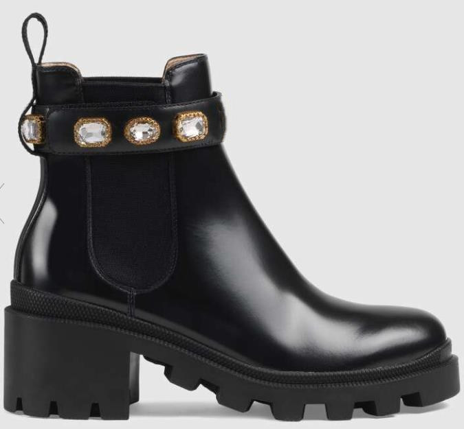 

Women Leather Ankle Boots Designer Lady Crystals Bee Star Embroidered Black Rubber Sole 6 CM Chunky Boot, Customize