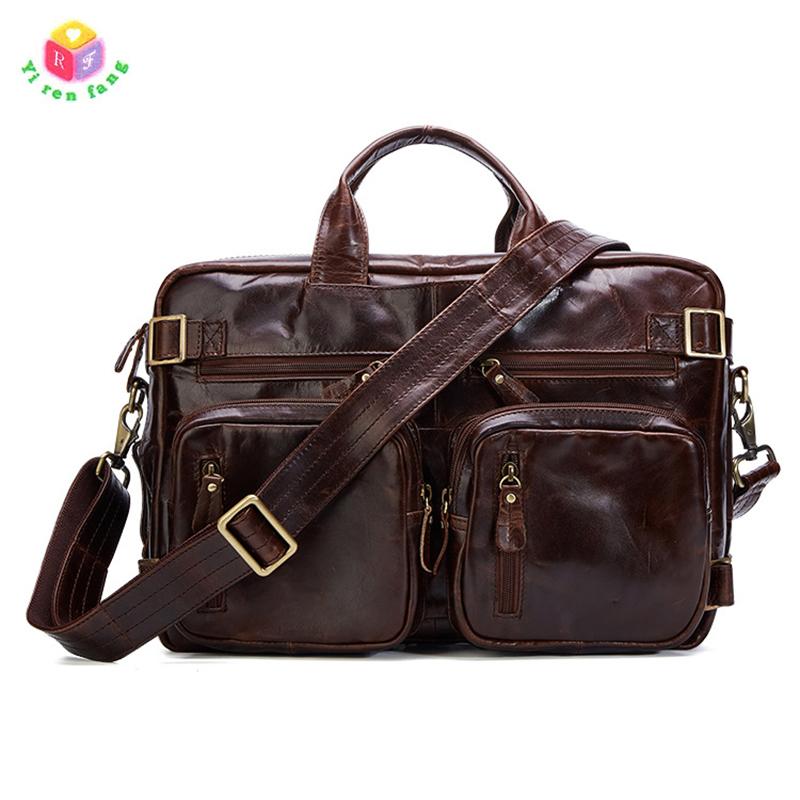

Men Bag Big 100% Genuine leather Cowhide Men Shoulder Bag Tote Laptop Briefcases Handbags Fashion Multi-function Crossdody, Coffee