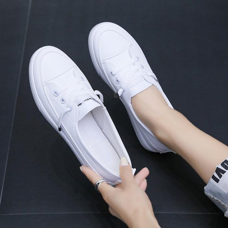 

2021 New Autumn Women Flats Sneakers White Sloid Shoes Walking Soft Pu Lace Up Ladies Loafers Casual Fashion Woman Shoe Mo91, White-2