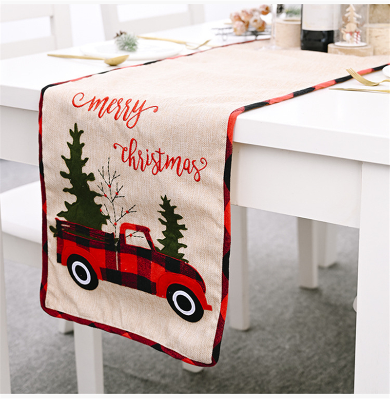

Christmas Tree Fabric Holiday Table Runner Retro Christmas Farm Buffalo Check Red Truck Print Table Flag 71" JK2010XB
