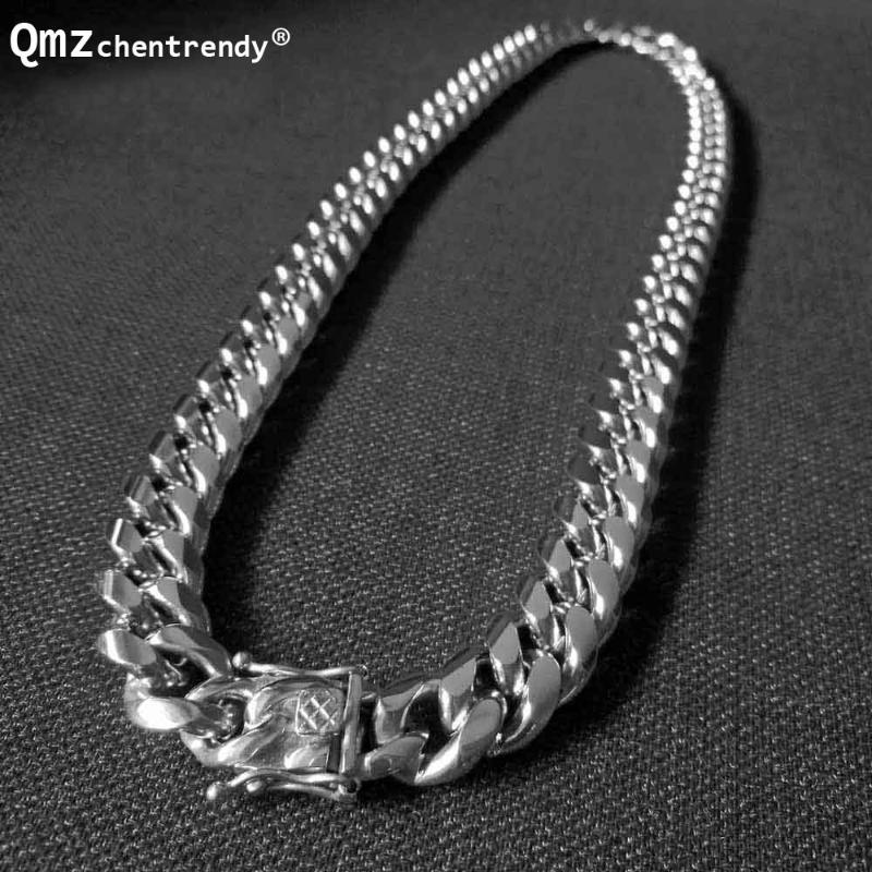 

Qmzchentrendy 14mm Stainless Steel Polishing Gold Silver Plated Curb Cuban Chain Necklaces Boy Mens Hip hop Dragon Clasp jewelry