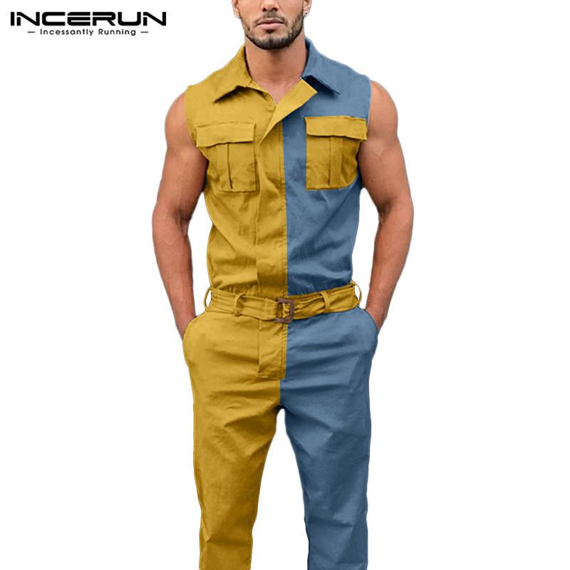 

INCERUN Men Sleeveless Jumpsuits Casual Patchwork Zipper Rompers Man Fashion Multi Pocket Cargo Overalls Male Causal Pants -5XL, Blue