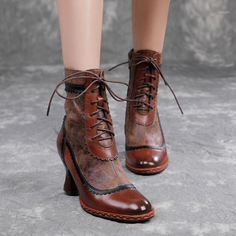 

vallu 2020 autumn winter New tip European and American booties female leather lace-up fashion boots plus size comfort thin boots1, Brown