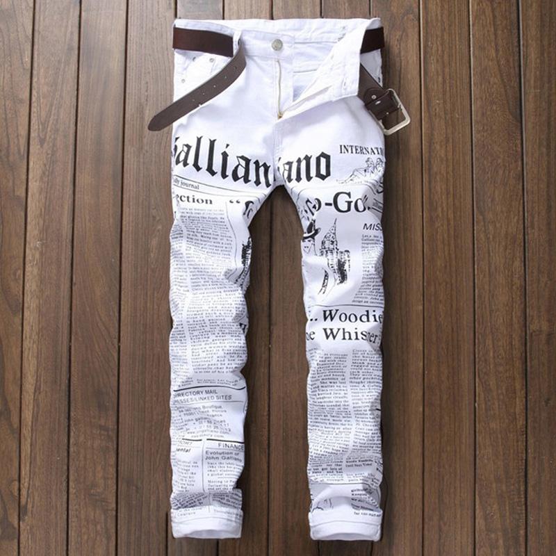 

New fashion stretch mens jeans white letters printing jeans men casual slim fit trousers denim printed pants, 582