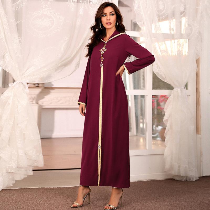 

WEPBEL Hand Sewing Drill Robe Abaya Solid Color Middle East Muslim Women Dress Hooded Middle East Long Sleeve Islamic Clothing, Burgundy