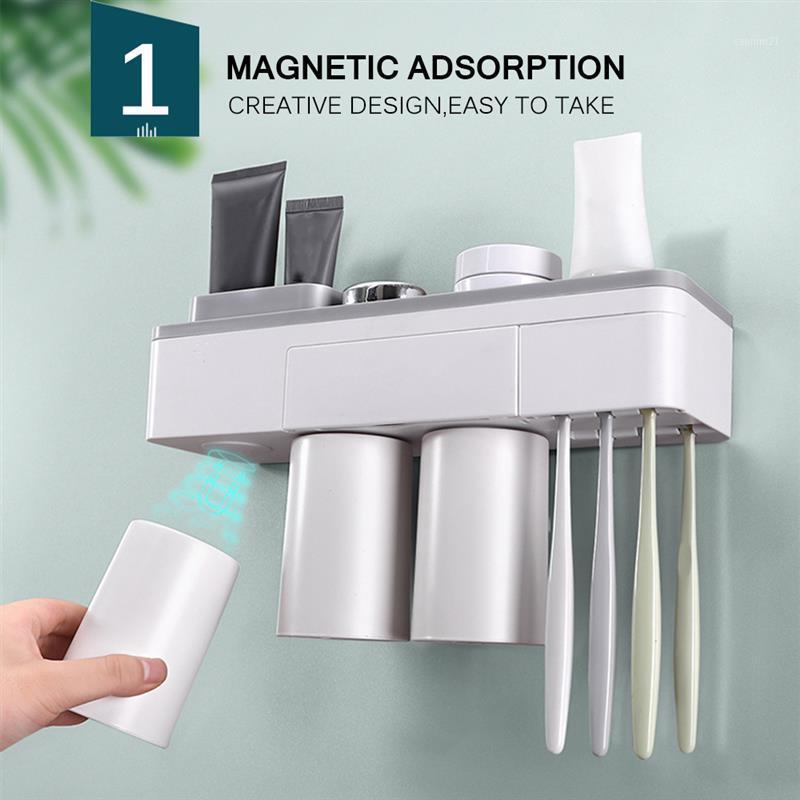 

New Magnetic Adsorption Inverted Toothbrush Holder Toothpaste Squeezer With Cups Bathroom Storage Rack Bathroom Accessories Set1