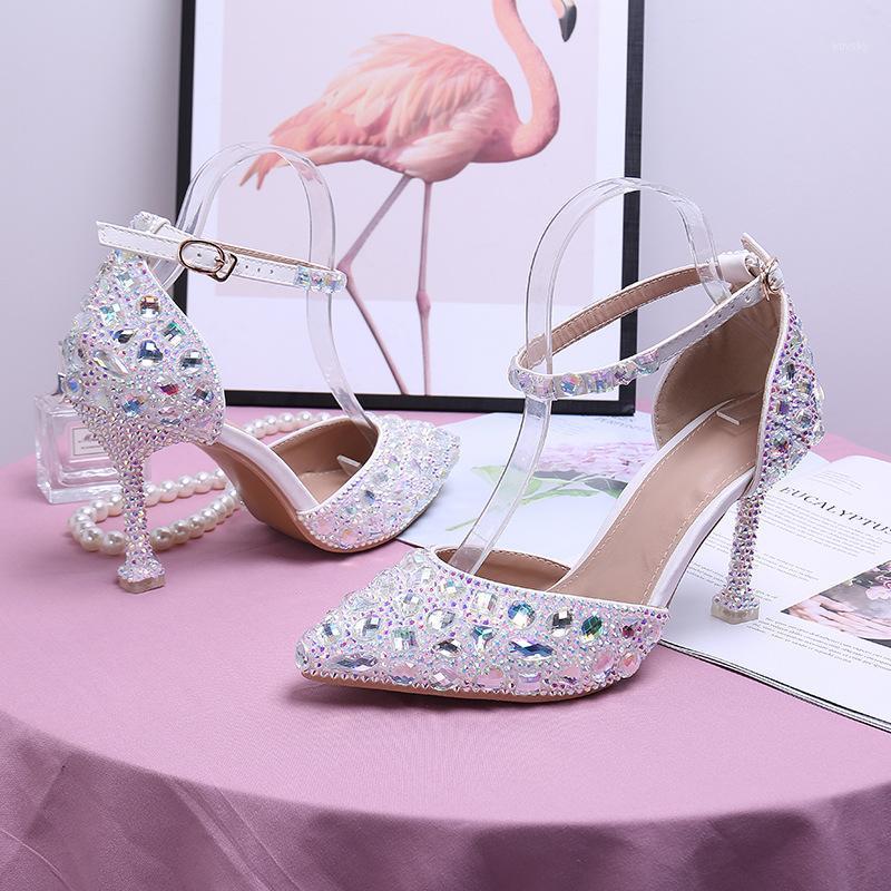 

2021 summer new color diamond plus size banquet dress female sandals cat heel stiletto buckle pointed bridal wedding shoes1, Multi