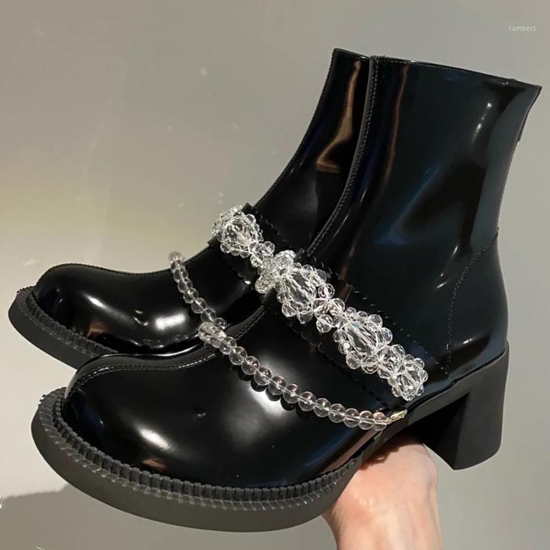 

DEAT 2021 New Spring And Summer Fashion Casual Thick Heel Rhinestone Zipper Round Toe Single Shoes Women's SH2961, Black