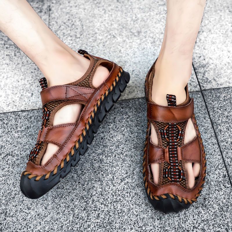 

Large Size 38-47 Men's Slippers High Quality Genuine Leather Summer Outdoor Fashion Soft Soles Comfortable Casual Beach Sandals Three kinds Of Color, Brown
